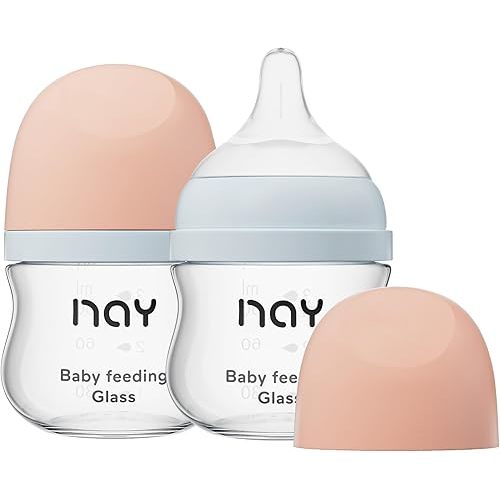 Natural Glass Baby Bottle Wide Neck, Newborn Anti-Colic Baby Bottle, Clear, 3oz(Pack of 2), Includes 2Pcs Slow Flow Nipple(SS), 0 Months+