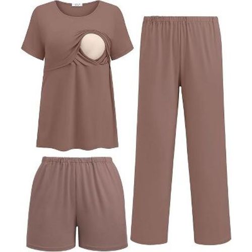 Ekouaer 3 Piece Postpartum Nursing Pajamas Set Short Sleeve Breastfeeding Shirts Pregnancy Shorts & Pants Maternity Pjs Brown L
