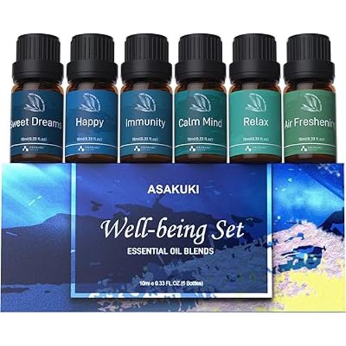 ASAKUKI Essential Oil Blends, Essential Oils Set for Diffusers for Home, Well-Being Kit- Calming, Dreams, Breathe, Relaxing, Mood, Fresh Air Aromatherapy Oils for Humidifiers, Massage, 6x10ml