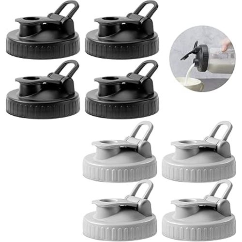 Pour Spout Lids for Ball Regular Mouth Mason Jars, Airtight Canning Jar Flip Cap Top Lid for Drinking, Salad, Dressing Pouring, Leak-Proof, Black&Grey Pack of 8