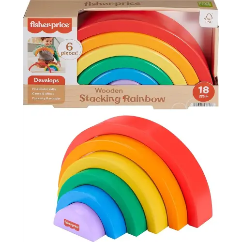 Fisher-Price Wood Toddler Toy Stacking Rainbow, 6 Colorful Wooden Pieces for Building Developmental Play Kids Ages 18+ Months