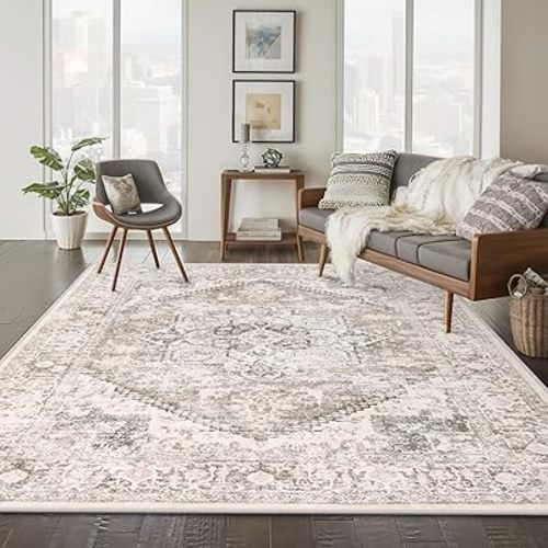 LIVEBOX 8X10 Area Rugs for Living Room, Washable Beige Neutral Boho Rug Large Soft Non-Slip Rug, Low-Pile Vintage Medallion Rug, Retro Faux Wool Rug for Dining Room Bedroom Office