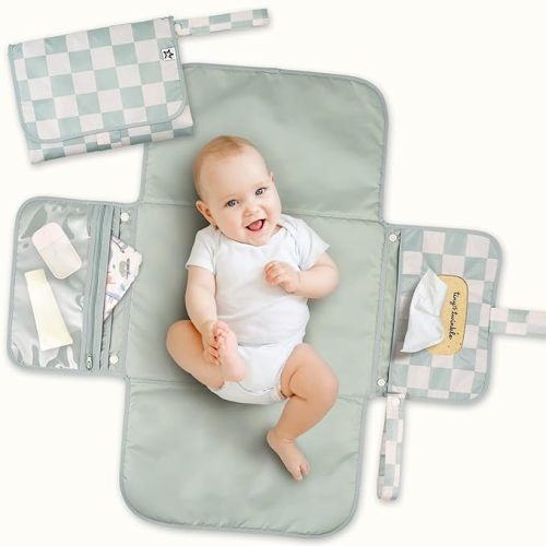 Tiny Twinkle Portable Diaper Changing Pad – Foldable, Waterproof & Compact Travel Changing Mat with Storage | Smart Wipes Pocket for On-The-Go Parents(Sage Checkers)