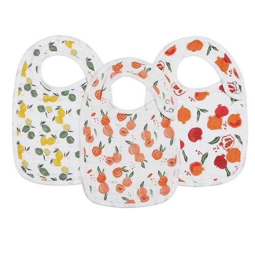 Snap Muslin Bibs for Girls, 3-Pack Baby Bibs for Infants, Newborns and Toddlers, 100% Cotton Muslin Absorbent & Soft Layers, Adjustable Snaps,"Lemon,Peach,Pomegranate"