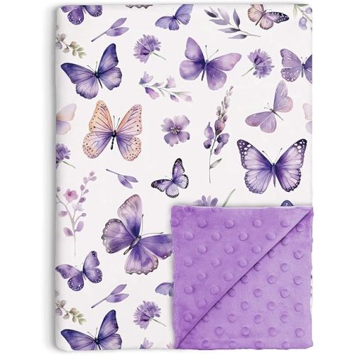 Butterfly Baby Blanket for Girls, Toddler Soft Minky Blanket with Double Layer Dotted Backing, Purple Butterfly Theme Nursery, Flower Newborn Infant Toddler Crib Bedding Receiving Blankets, 30"x40"