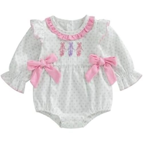 Infant Baby Girl Fall Outfits Ballet Shoes Embroidery Long Sleeve Romper Smocked Bodysuit Bubble Clothes