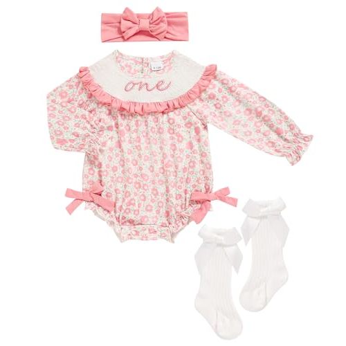 GRNSHTS Baby Girl 1st Birthday Outfits One Year Old Printed Romper Embroidery Bodysuit Cake Smash Clothes