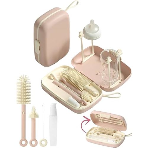 Travel Baby Essentials, 7in1 Travel Baby Bottle Cleaning Kit, Baby Essentials for Flying Nipple, Drying Rack, Straw, Soap Dispenser Dish Soap for Bottles, Gift for Mom (Pink)
