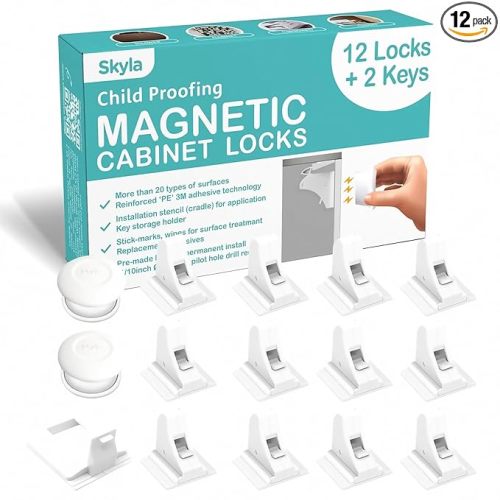 Skyla Homes Magnetic Cabinet Locks Baby Proofing Child Safety - The Safest Quickest and Easiest Multi-Purpose 3M Adhesive Child Proof Latches, No Screws or Tools Needed (12 Pack)