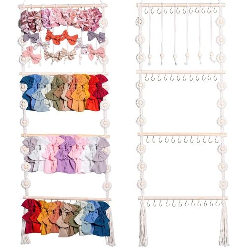 Headband Holder - Bow Holder for Baby Girl – Macrame Bow Organizer for Baby Girl w/ 48 Metal Hooks, 6 Slings & Wooden Bead – Space Saving Baby Bow Organizer – Ideal Baby Bow Holder for Expecting Moms