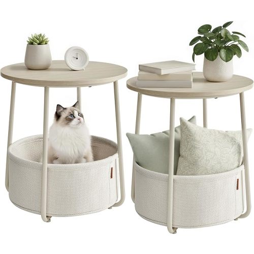 VASAGLE LILEA Collection - Small Round Side End Table, Modern Nightstand with Fabric Basket, for Living Room, Bedroom, Set of 2, Cream White ULET225LL01S