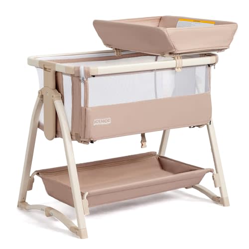 JOYMOR Baby Bassinet, 5 in 1 Bassinet Bedside Sleeper with Changing Table for Baby, 7 Height Adjustable, Rocking Bed with Wheels Mattress, Mosquito Net, Storage Basket for Newborn