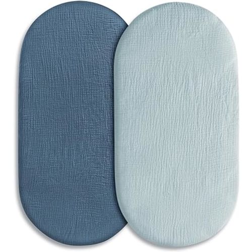 Muslin Bassinet Fitted Sheets, 2 Pack for Baby Boy and Girl, Soft Breathable Stretchy Baby Pad/Mattress Sheet Set, Universal Fit for Hourglass Oval and Rectangle Bassinet Mattress (Bright Colors)