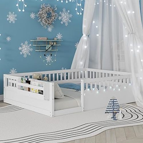 Montessori Floor Bed with High Rails,Full Size Floor Bed Frame for Kids, LED Lights & Storage Shelf, Safe & Wider Opening Gate Design, Playground & Sleep Space for Girls Boys,White