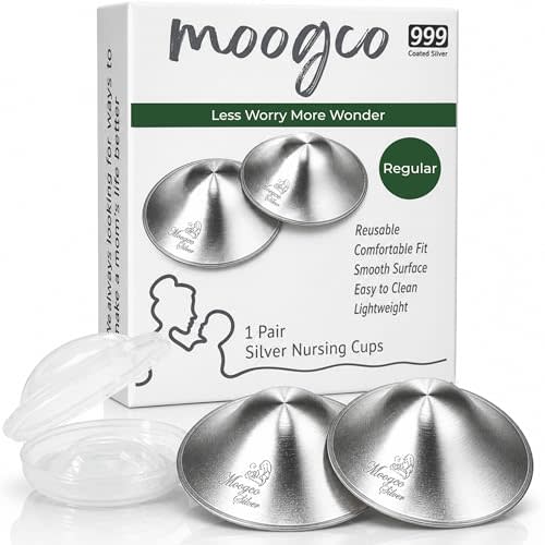 MOOGCO Silver Nursing Cups - 999k Silver Nipple Shields for Breastfeeding - Most Durable, Chemical-Free Nipple Protection (Regular, Set of 2)