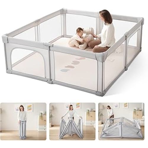 Baby Playpen Portable, Pre-Assembled Play Pen 71x79 Large Foldable Playpen for Babies and Toddlers, Sturdy and Safe Toddler Playpen Indoor Outdoor with Carry Bag, Grey