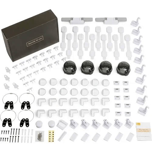 Baby Proof Kit, 112 Packs Baby Proofing Essentials - Magnetic Cabinet Locks, Corner Guards, Outlet Covers, Furniture Straps, Door Lever Lock - Child Safety Kit for Cabinets, Stove, Furniture