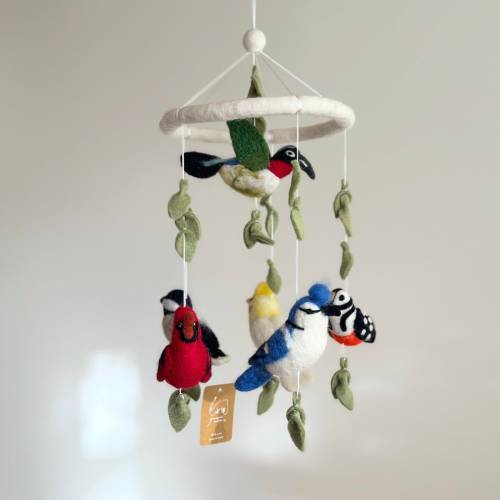 Felt American Bird Baby Mobile For Nursery Decor, Felt Cardinal, Felt Blue Jay, Felt Woodpecker, Baby Shower&#39;s Gift, Gift for Bird Lovers
