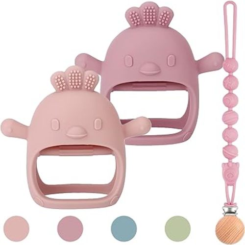 3 Packs Baby Teether Toy for 0-6 6-12 Months,Hold & Wear,BPA Free,Food Grade Silicone Teething Mitten, Anti Dropping Wrist Hand Teethers Baby Chew Toys for Sucking Needs(Pink & Dark Pink)