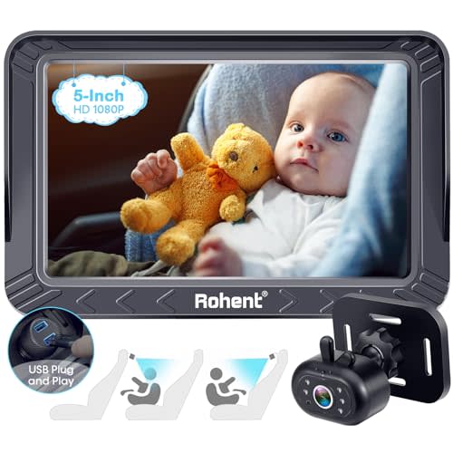 Baby Car Camera 5-Inch for Backseat: USB Plug and Play Easy to Install for New Parents - HD 1080P Clear Night Vision Car Seat Camera for Rear Facing Infant 360° Rotating for Larger Cars SUV