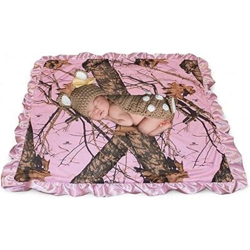 Mossy Oak BU Pink Hunting Camo Baby Blanket, Super Soft Carstens Microfur Back and Satin, Bow, Newborn Pink Camouflage Gift Blanket