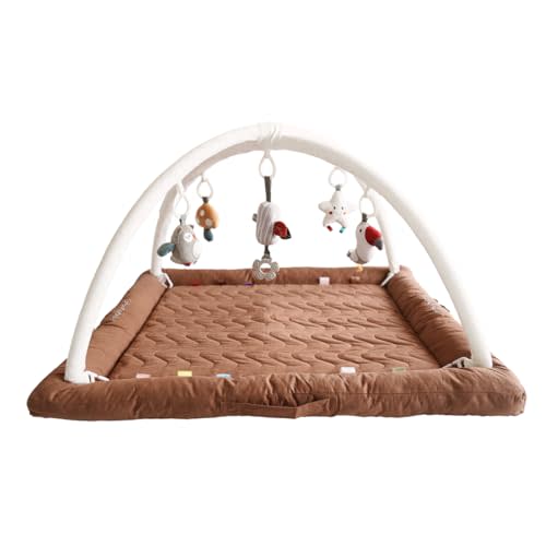 CoocooBaby Play Gym with 5 Sensory Toys, Thick & Plush Playmat for Floor, Tummy Time Mat, Convertible Stage-Based Development from Baby to Toddler (GoldenBrown)