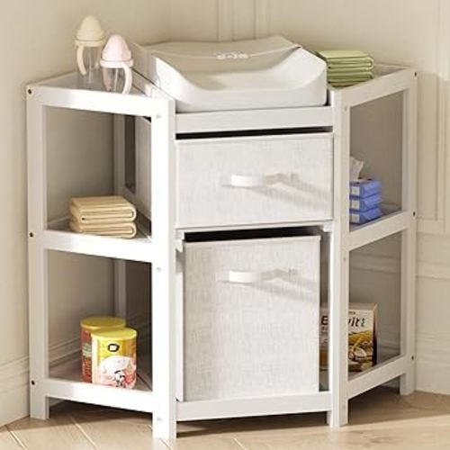 XJD Corner Baby Changing Table with 2 Storage Drawers Changing Table with Pad Diaper Changing Station(White)