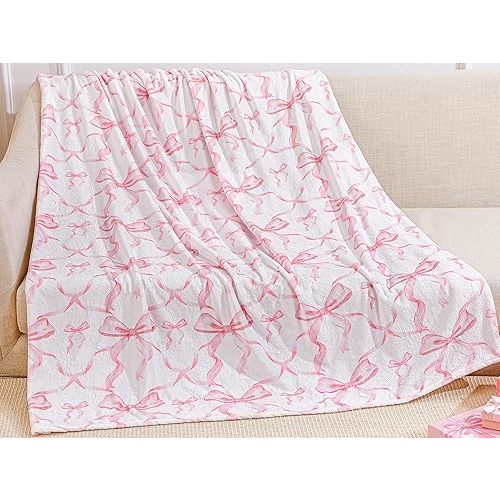 Buryeah Bow Throw Blanket Preppy Blanket Coquette Flannel Soft Cute Bow Stuff Lightweight Aesthetic Plush Preppy Room Decor for Sofa Couch Travel Bed, 50" x 60"(Pink)