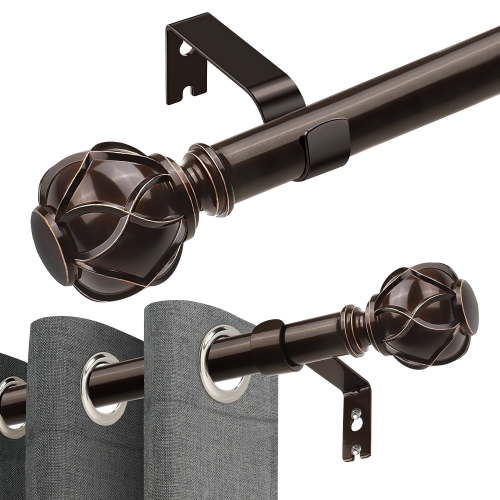 Window Curtain Rods for 68 to 120 Inches Adjustable Long Heavy Duty Curtain Rod, 1 Inch Adjustable Decorative Drapery Rods with Netted Texture Finials, Bronze