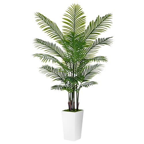 Artificial Palm Tree 6FT - Fake Tree with White Tall Planter - Faux Tropical Areca Floor Plant in Pot - Artificial Silk Plant for Home Office Living Room Decor Indoor