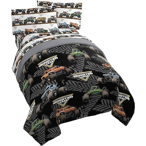 Jay franco Monster Jam Tracks 4 Piece Twin Bed Set - Includes Comforter & Sheet Set - Bedding Features Grave Digger & Megalodon - Super Soft Fade Resistant Microfiber (Official Monster Jam Product)