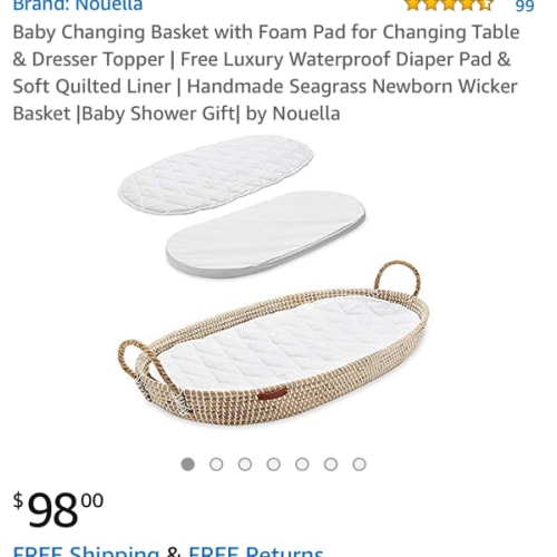 Baby Changing Basket with Foam Pad for Changing Table & Dresser Topper | Free Luxury Waterproof Diaper Pad & Soft Quilted Liner | Handmade Seagrass Newborn Wicker Basket |Baby Shower Gift| by Nouella