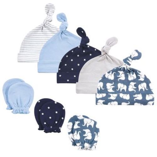 Hudson Baby Infant Boy Cotton Cap And Scratch Mitten Set, Blue Elephant, 0-6 Months