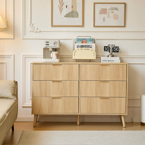 George Oliver 6 Drawer Wood Dresser with Vertical Stripe Pattern, Boho Fluted Dresser for Bedroom | Wayfair