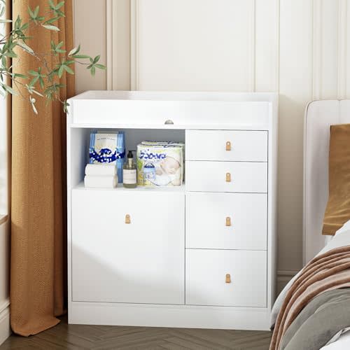 Timechee Baby Dresser Changing Table, Modern Nursery Dresser with Drawers, Storage Shelves, Diaper Changing Station for Nursery Room,Bedroom,Kids Room (White)