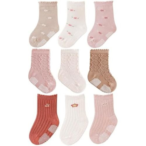 Baby Crew Socks,Grips Combed Cotton Socks Toddler Non-Skid for Girls,Boys Non Slip/Anti Skid 9-Pack