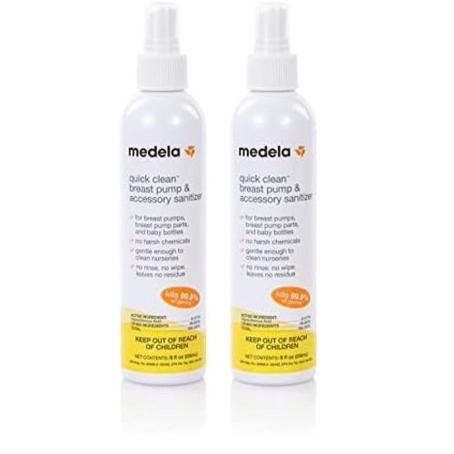 Medela Quick Clean Breast Pump and Accessory Sanitizer Spray Safe No Rinse Breastpump Sterilizer Eliminates 99.9 of Common Bacteria and Germs 8 Fluid Ounces, Clear (Pack of 2) - 8 Fl Oz (Pack of 2)