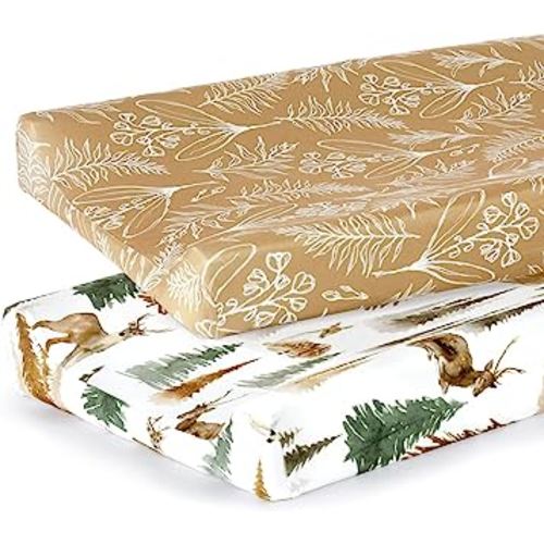 GRSSDER Stretch Ultra Soft Jersey Knit Changing Pad Cover Set 2 Pack, Change Table Pad Covers Fit 32"/34" x 16" Pads Safe and Snug, Stylish Jungle Deer Pattern for Baby