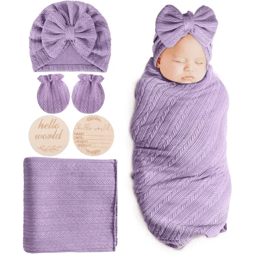 Newborn Receiving Blanket with Bow Hat Mittens Wooden Card Set Wheat-Pattern Newborns Toddler Baby Boy Girl Nursery Swaddle Wrap