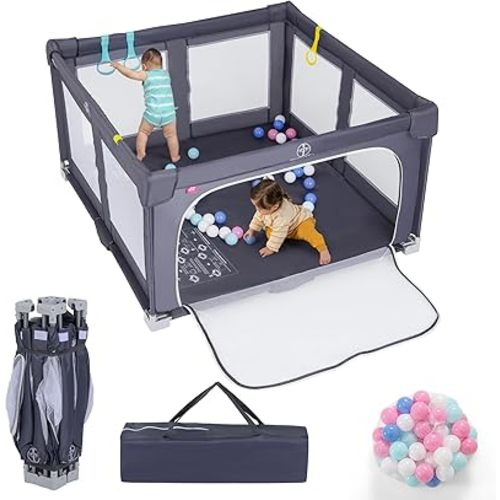 Costzon Foldable Playpen for Babies, 50''x50'' Portable Baby Play Pen with 50 PCS Ocean Balls, 4 Handles, Carry Bag, Visible Mesh, Kids Activity Center with Gates, Indoor & Outdoor Gate Play Pen