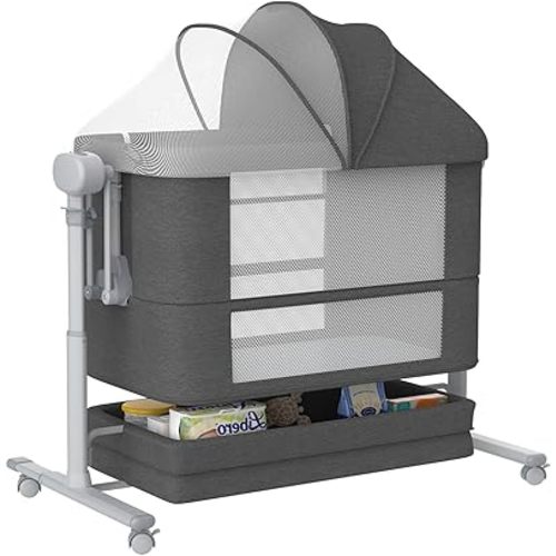 Electric Rocking Bassinet for Baby, 4 in 1 Baby Basinets Bedside Sleeper with Wheels, Automatic Bedside Bassinet with Remote Control, Crib in Bed Newborn with)5-speed height adjustment (Deep Grey)