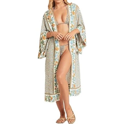 R.Vivimos Women's Vintage Floral Print Beach Boho Cardigan Kimono Maxi Swimwear Cover up Dress Wrap