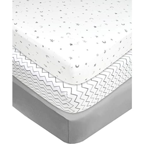 American Baby Company 3 Pack Fitted Crib Sheets 28" x 52", Soft Breathable Neutral 100% Cotton Jersey Sheet, Grey Star/Zigzag, for Boys and Girls, Fits Crib and Toddler Bed mattresses