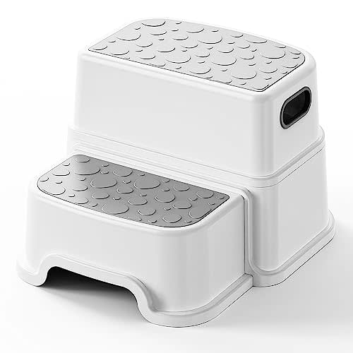 UNCLE WU 2 Step Stool for Kids – Non-Slip Toddler Step Stool for Bathroom Sink & Potty Training, Dual Height 9.5”, Safe & Sturdy for Kitchen, Bedroom & Classroom (Gray White)