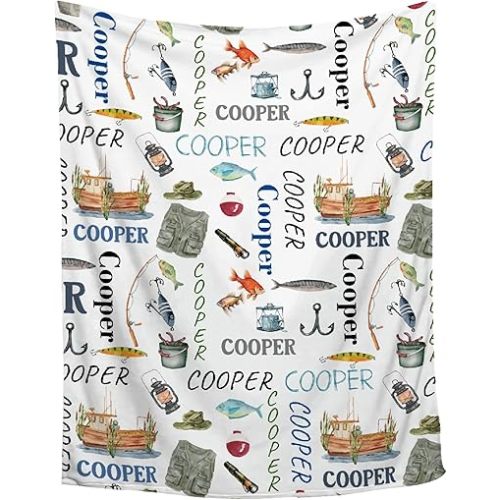 Personalized Fishing Custom Baby Blanket with Name, Soft Customized Nursery Receiving Blanket for Kid Toddler for Baby Shower Birthday Newborn New Mom, 30 x 40