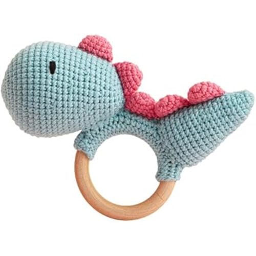 Chippi & Co Wooden Crochet Baby Rattle, Crochet Toys Stuffed Animals Easter Gifts for Kids, Newborn Toys, Easter Basket Stuffers, Basket Filler, Baby Shower Decor (Doodoo The Blue Dinosaur)