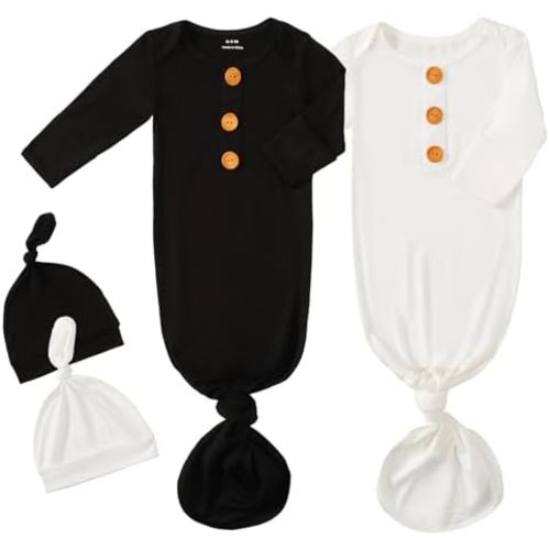 OPAWO Knotted Gown Baby Newborn Sleepers Baby Boy Coming Home Outfit, Bamboo Viscose Baby Gowns with Mitten Cuffs and Hat Set