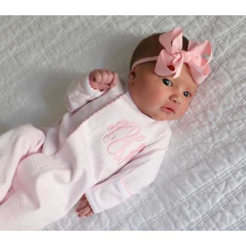 Baby girl coming home outfit, monogrammed newborn outfit, pink stripes outfit, pima cotton, personalized baby shower gift, mini stripes