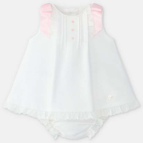 White Pique w/ Pink Satin Ribbon Dress, Bloomer & Bonnet Set