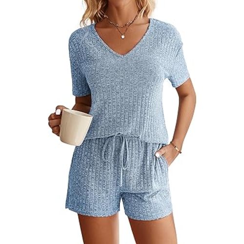 Ekouaer Womens Ribbed Knit Lounge Set Short Sleeve Top and Shorts Sleepwear Pajama Set Two Piece Shorts Outfits Set
